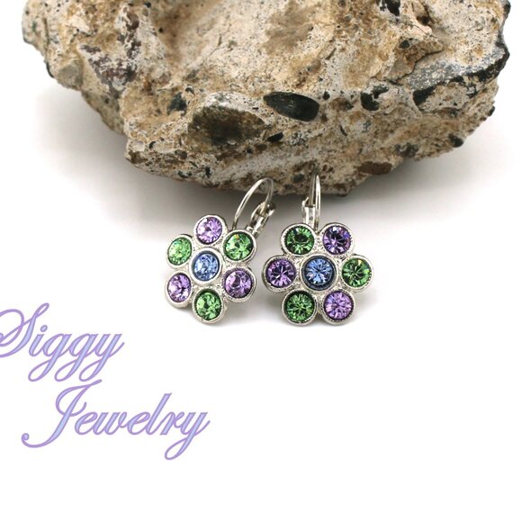 Light Sapphire, Violet and Peridot Flower Earrings made with Austrian Crystal - Picture 4 of 5